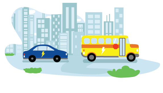 MPV icon- car and bus with city background